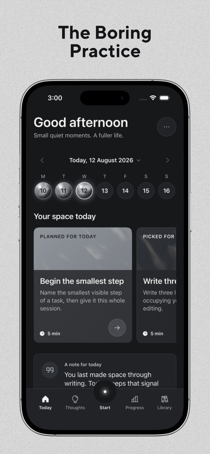 The Boring Practice home screen with a suggested quiet activity